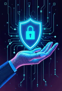 Digital security shield with padlock protected by a hand, representing cybersecurity and data protection solutions.