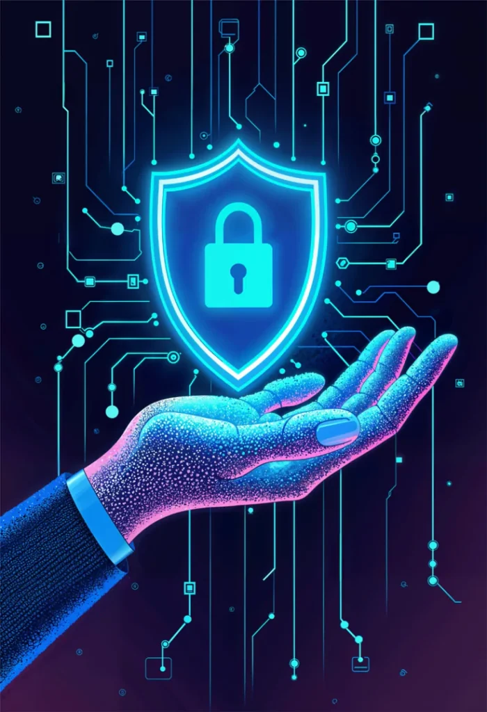 Digital security shield with padlock protected by a hand, representing cybersecurity and data protection solutions.