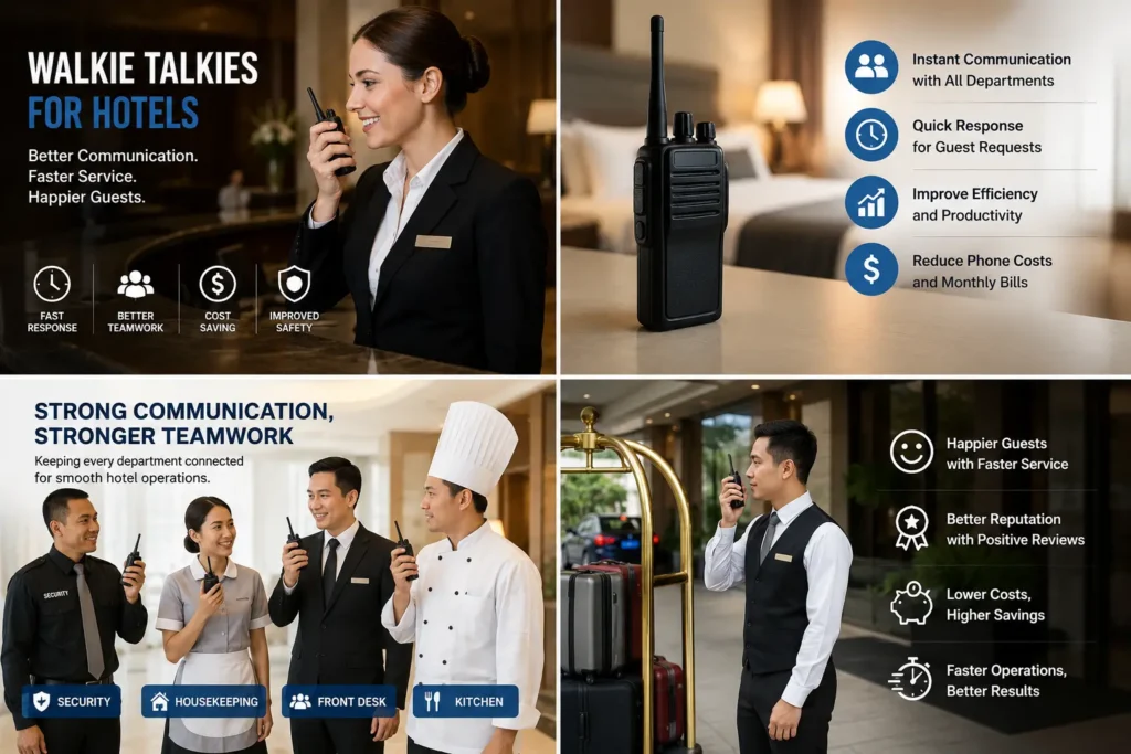 Infographic showing  Walkie Talkies for Hotels 
staff using walkie-talkies with text highlighting benefits like fast response, better teamwork, cost savings, and improved safety across security, housekeeping, front desk, and kitchen departments.