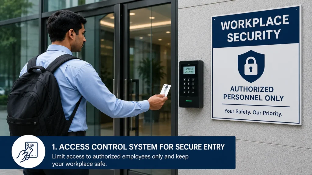 An employee scanning a keycard at a electronic door lock next to a workplace security sign to restrict entrance to authorized personnel.