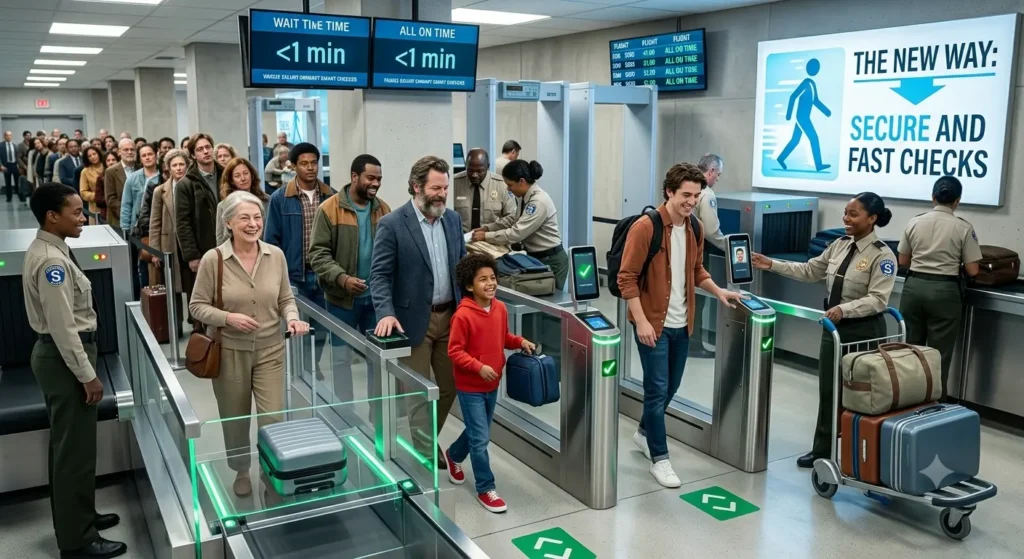 A diverse group of smiling people moving through a modern airport security checkpoint with advanced scanning technology, wait time displays showing "< 1 min," and a sign reading "THE NEW WAY: SECURE AND FAST CHECKS."