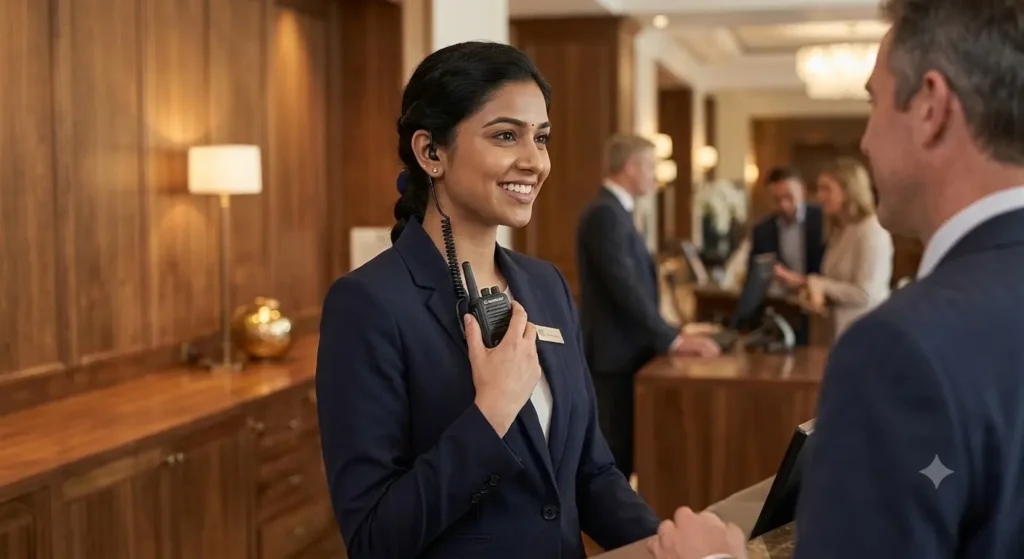 Professional staff member holding a walkie-talkie device while assisting a guest.