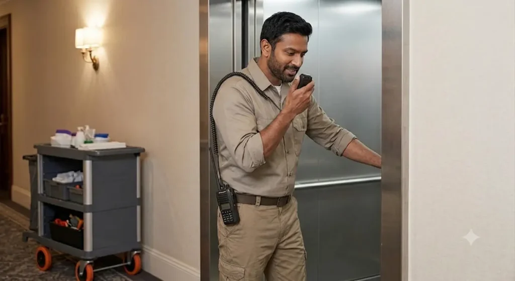 A hotel staff member holding an open elevator door while speaking into a two-way radio microphone.