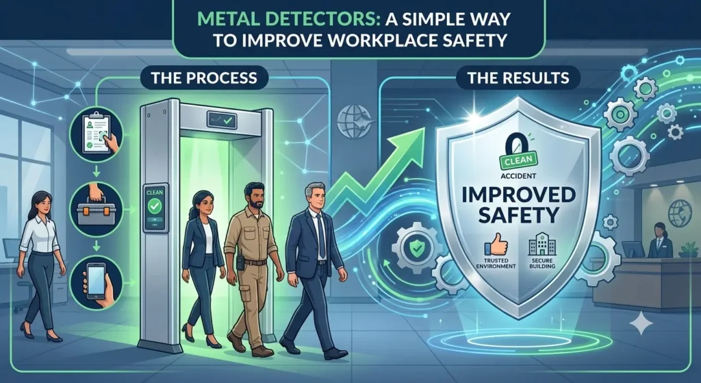 Illustration of employees walking through a Metal Detectors security check in a modern workplace.