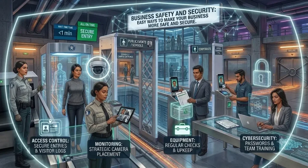 A detailed conceptual illustration titled Business Safety and Security Easy Ways to Make Your Business More Safe and Secure," visualizing access control, monitoring, equipment upkeep, and cybersecurity solutions within a modern corporate and public events complex.