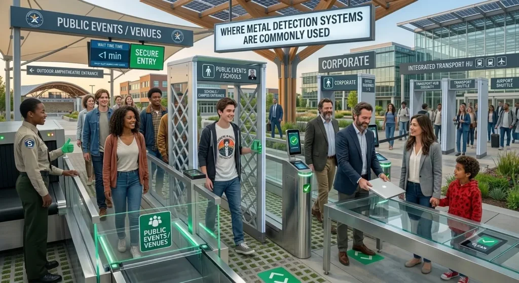 An infographic illustrating advanced metal detection systems at modern outdoor public venues, corporate entrances, and transport hubs.